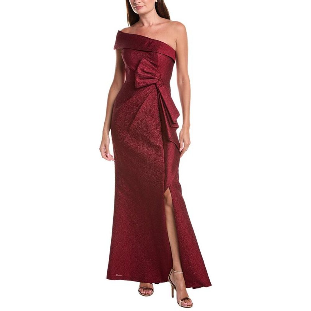 Teri Jon By Rickie Freeman Womens Metallic Jacquard One-Shoulder High-Low Bow